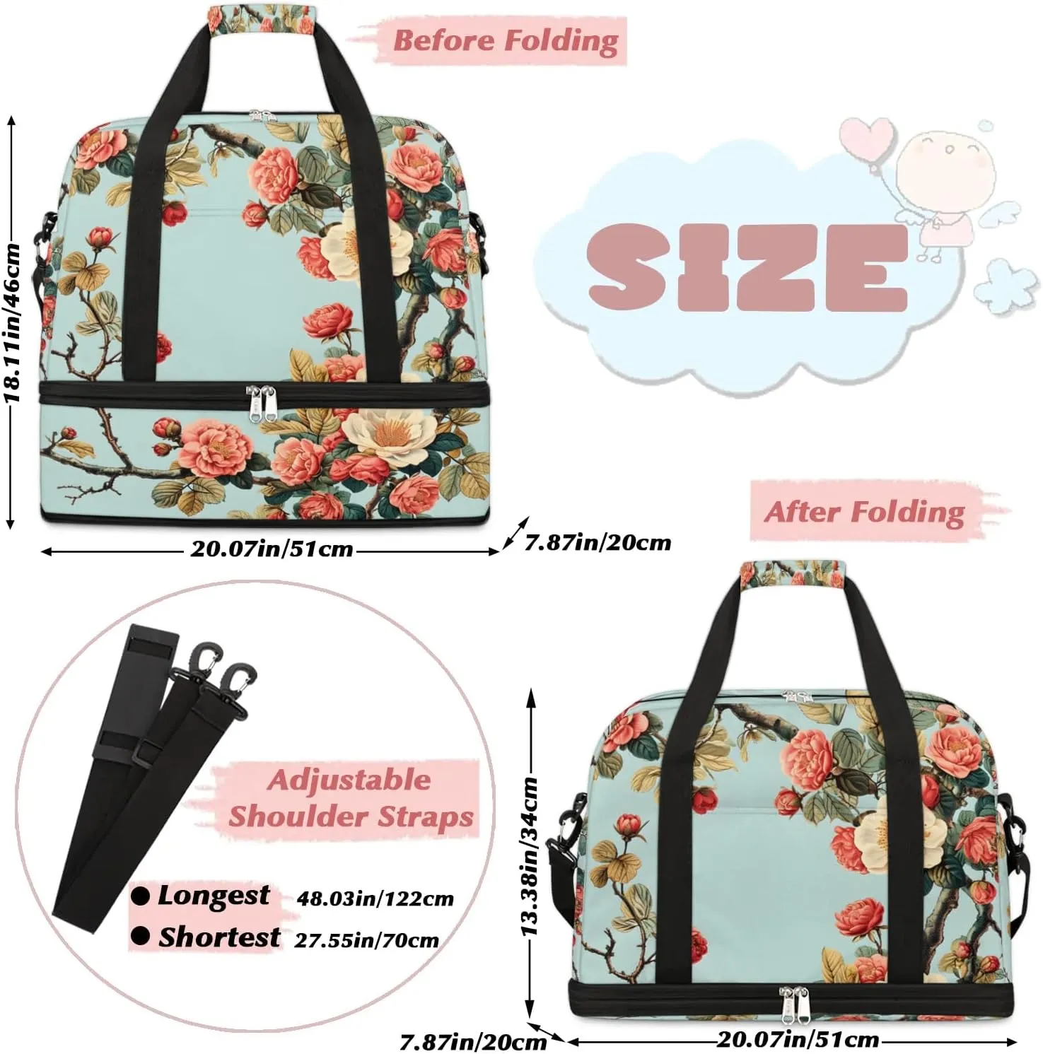 Exquisite Flora Colorful Drawings Travel Duffle Bag, Collapsible Travel Bag Sports Gym Bag With Shoes Compartment Weekender Bag Overnight Bag For Women Men