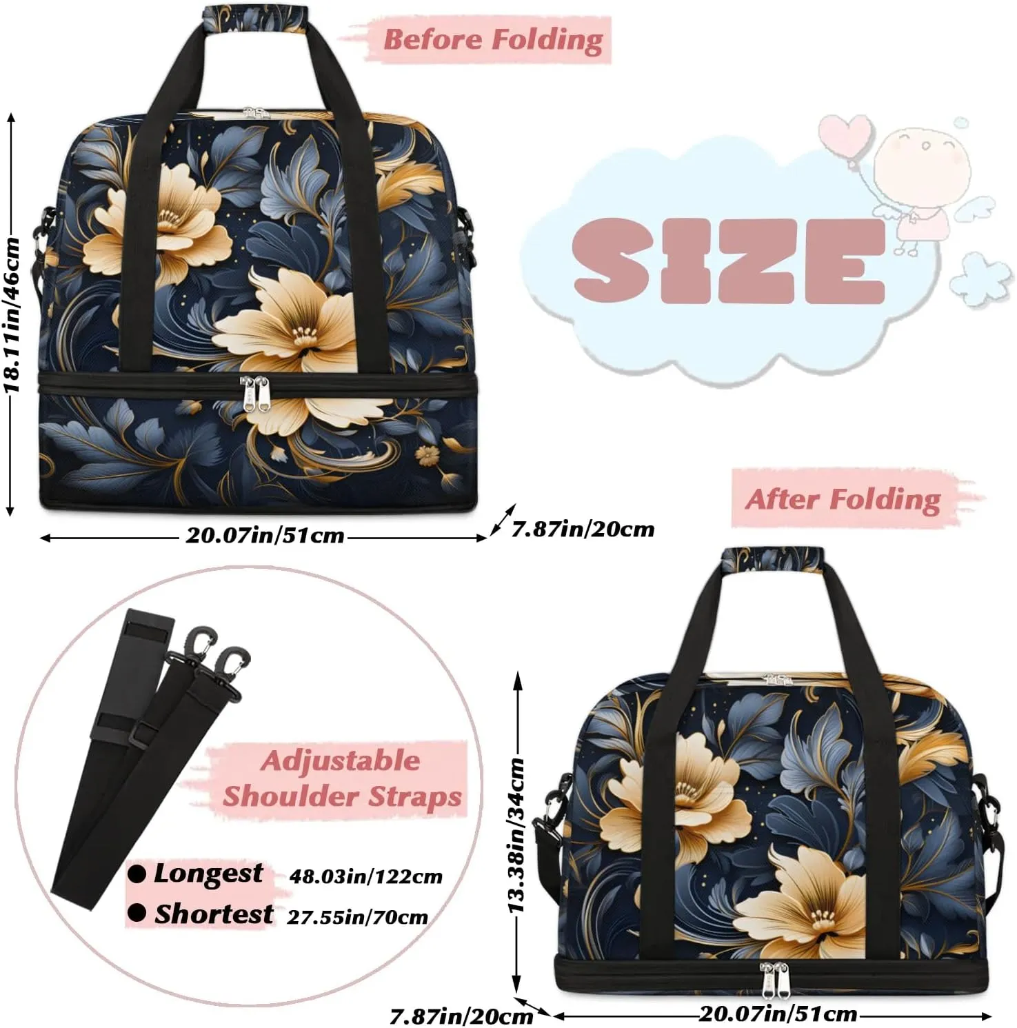 Exquisite Flora Pattern Vivid Travel Duffle Bag, Collapsible Travel Bag Sports Gym Bag With Shoes Compartment Weekender Bag Overnight Bag For Women Men