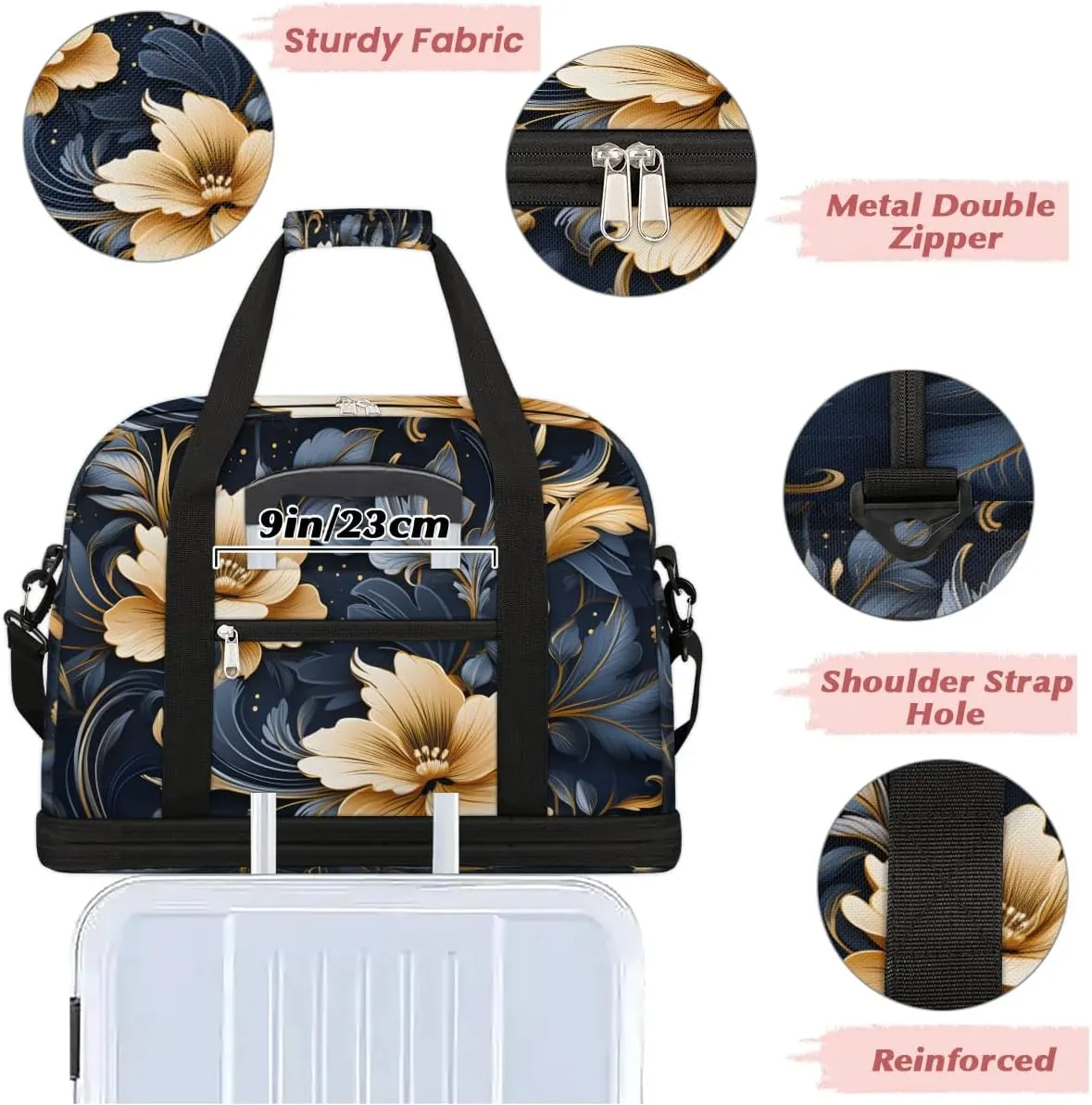 Exquisite Flora Pattern Vivid Travel Duffle Bag, Collapsible Travel Bag Sports Gym Bag With Shoes Compartment Weekender Bag Overnight Bag For Women Men