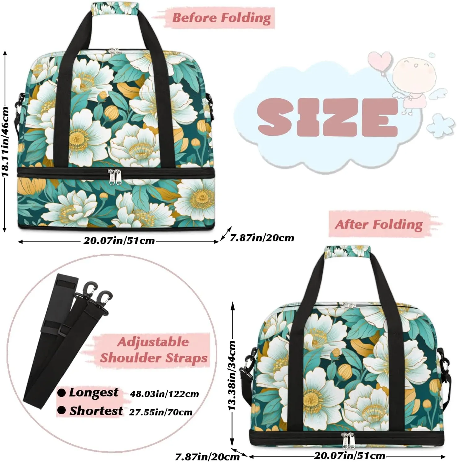 Exquisite Flora Patterns Vivid Travel Duffle Bag, Collapsible Travel Bag Sports Gym Bag With Shoes Compartment Weekender Bag Overnight Bag For Women Men