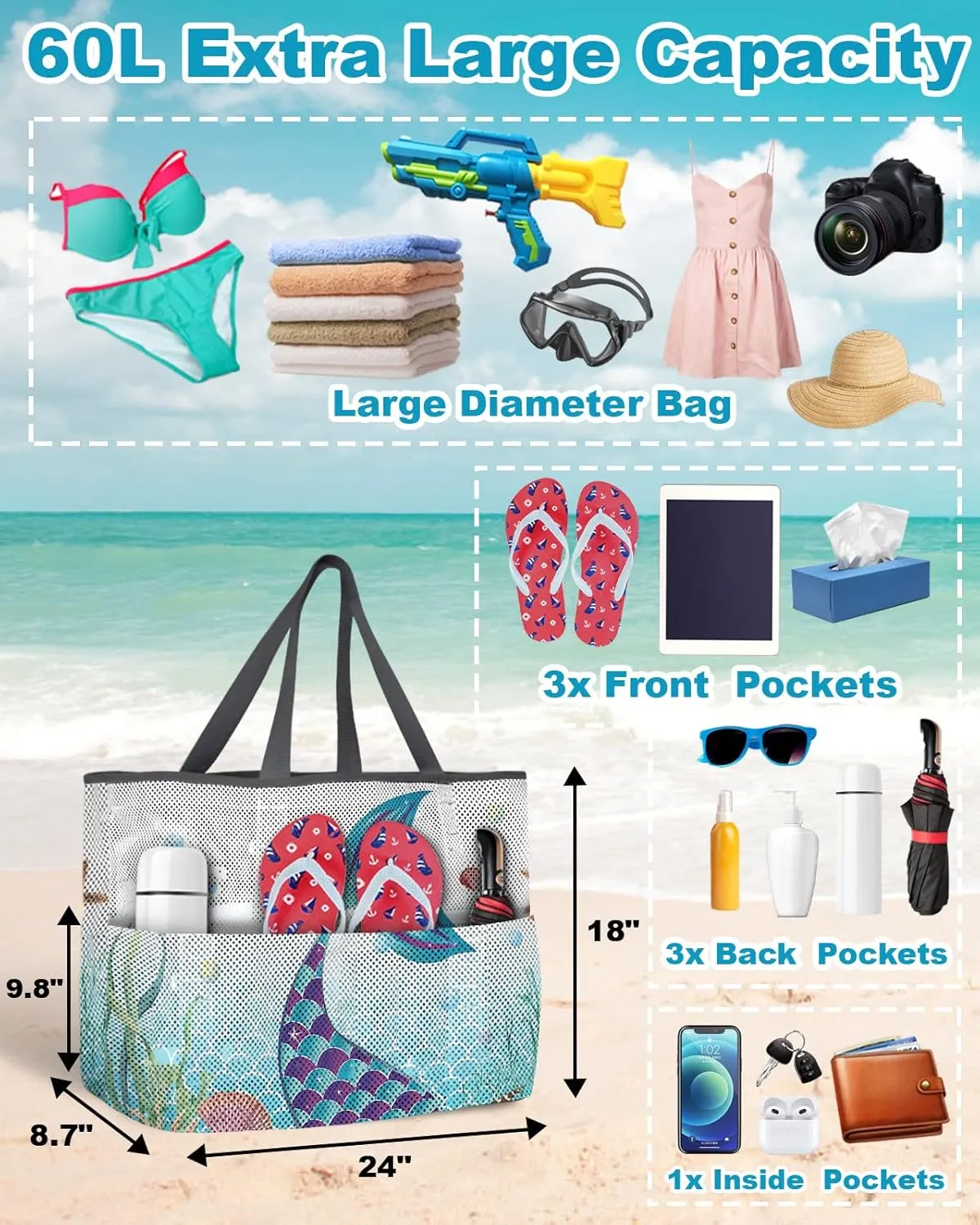 Extra Large Beach Themed Patterned 7 Pocket Mesh Sandproof Water Resistant Beach Bag