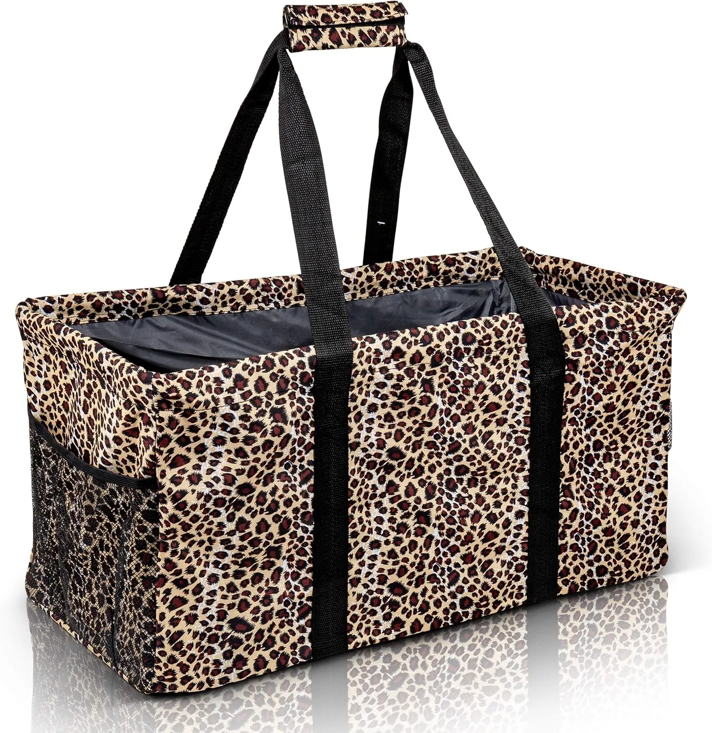 Extra Large Utility Tote Bag - Oversized Collapsible Reusable Wire Frame Rectangular Canvas Basket With Two Exterior Pockets For Beach, Pool, Laundry, Car Trunk, Storage - Leopard