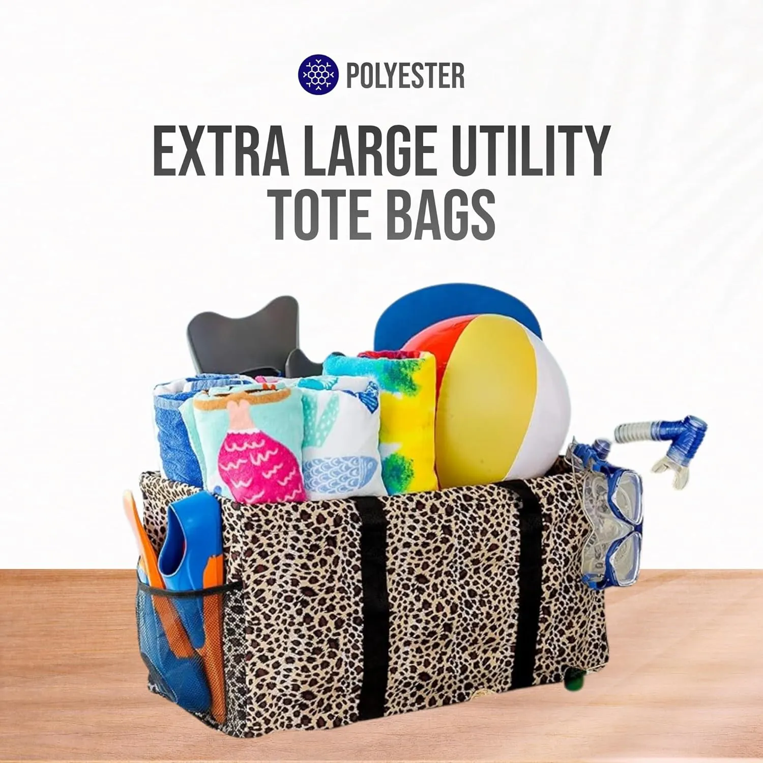Extra Large Utility Tote Bag - Oversized Collapsible Reusable Wire Frame Rectangular Canvas Basket With Two Exterior Pockets For Beach, Pool, Laundry, Car Trunk, Storage - Leopard