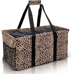 Extra Large Utility Tote Bag - Oversized Collapsible Reusable Wire Frame Rectangular Canvas Basket With Two Exterior Pockets For Beach, Pool, Laundry, Car Trunk, Storage - Leopard