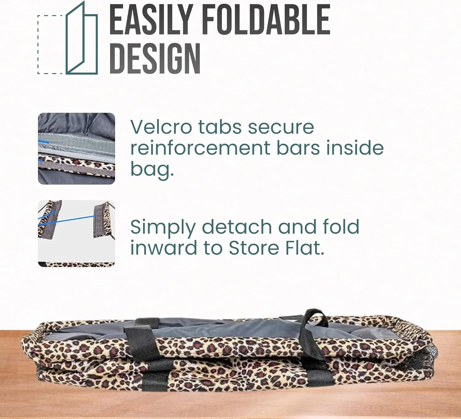 Extra Large Utility Tote Bag - Oversized Collapsible Reusable Wire Frame Rectangular Canvas Basket With Two Exterior Pockets For Beach, Pool, Laundry, Car Trunk, Storage - Leopard