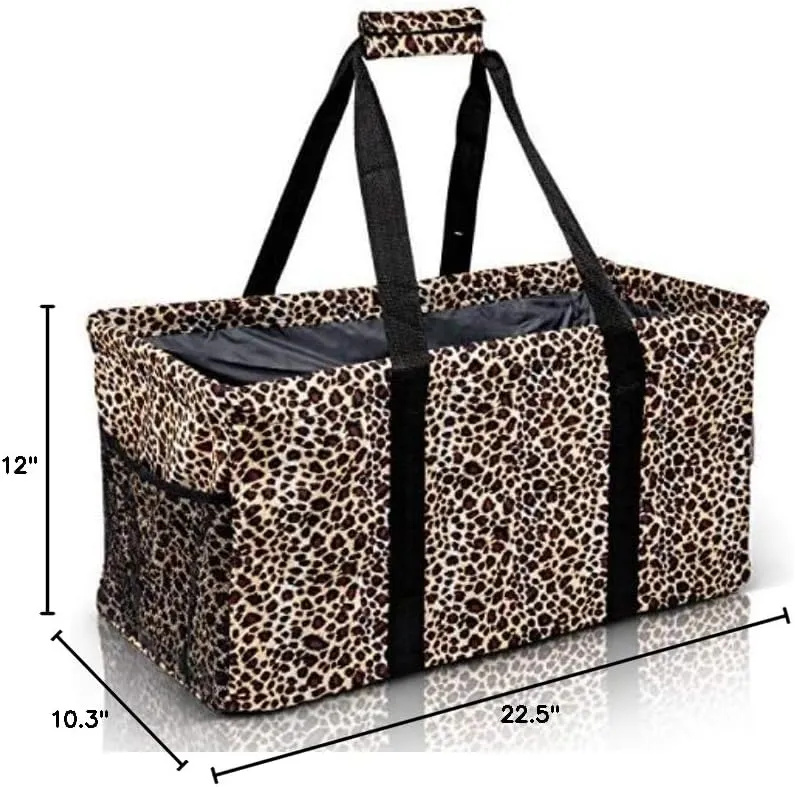 Extra Large Utility Tote Bag - Oversized Collapsible Reusable Wire Frame Rectangular Canvas Basket With Two Exterior Pockets For Beach, Pool, Laundry, Car Trunk, Storage - Leopard