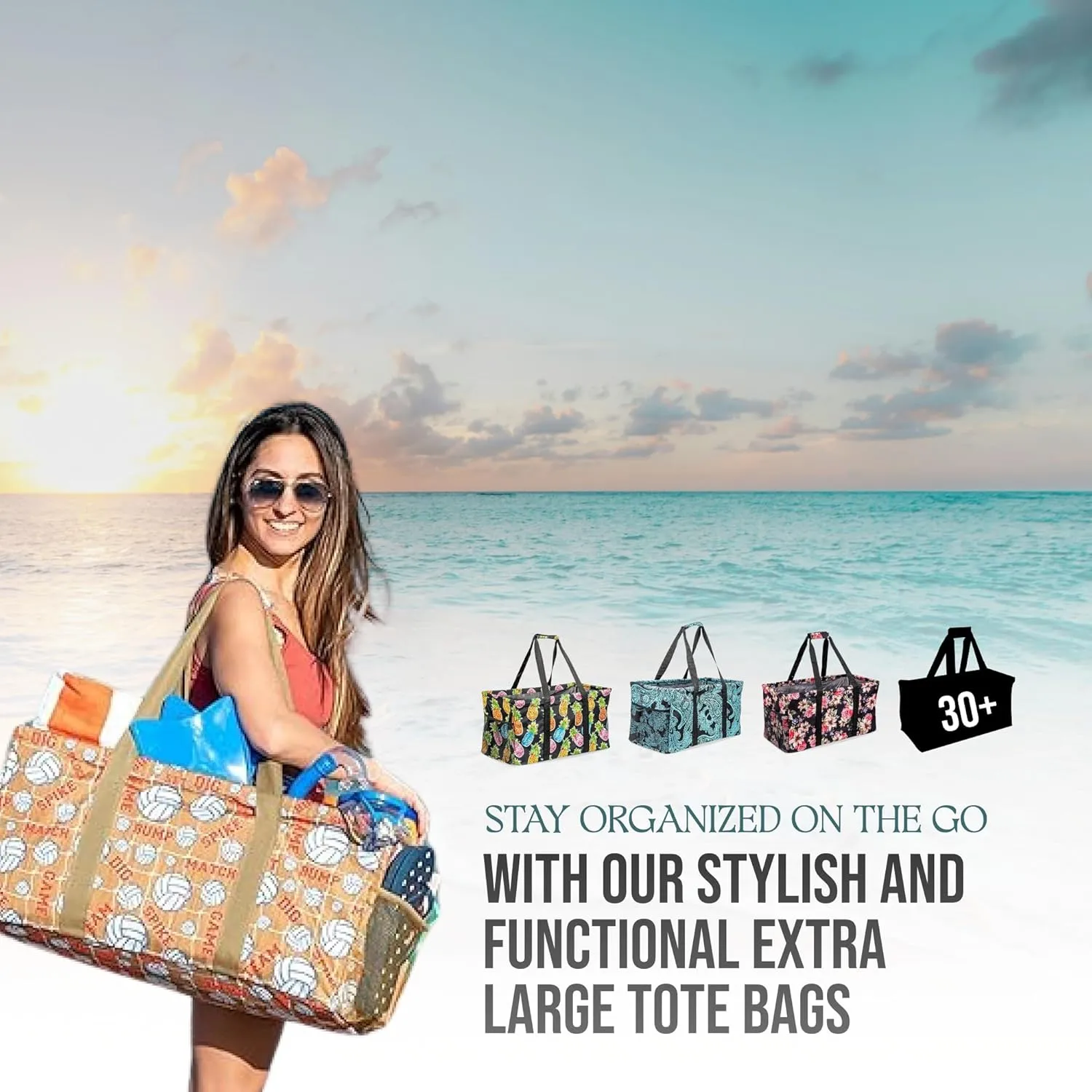 Extra Large Utility Tote Bag - Oversized Collapsible Reusable Wire Frame Rectangular Canvas Basket With Two Exterior Pockets For Beach, Pool, Laundry, Car Trunk, Storage - Leopard