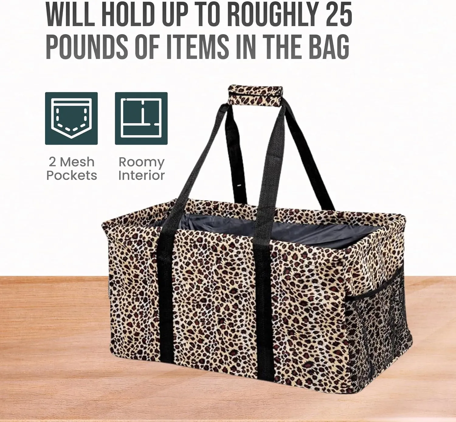 Extra Large Utility Tote Bag - Oversized Collapsible Reusable Wire Frame Rectangular Canvas Basket With Two Exterior Pockets For Beach, Pool, Laundry, Car Trunk, Storage - Leopard