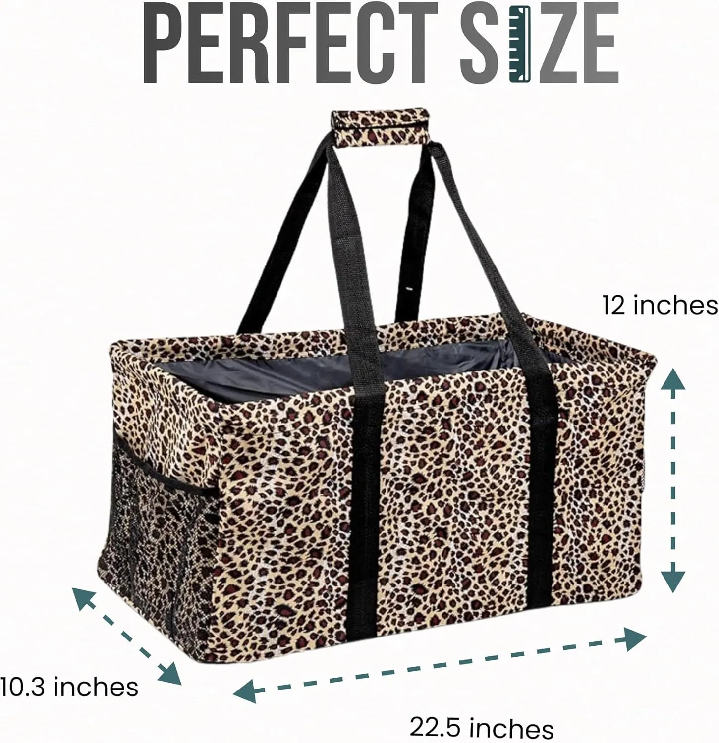 Extra Large Utility Tote Bag - Oversized Collapsible Reusable Wire Frame Rectangular Canvas Basket With Two Exterior Pockets For Beach, Pool, Laundry, Car Trunk, Storage - Leopard