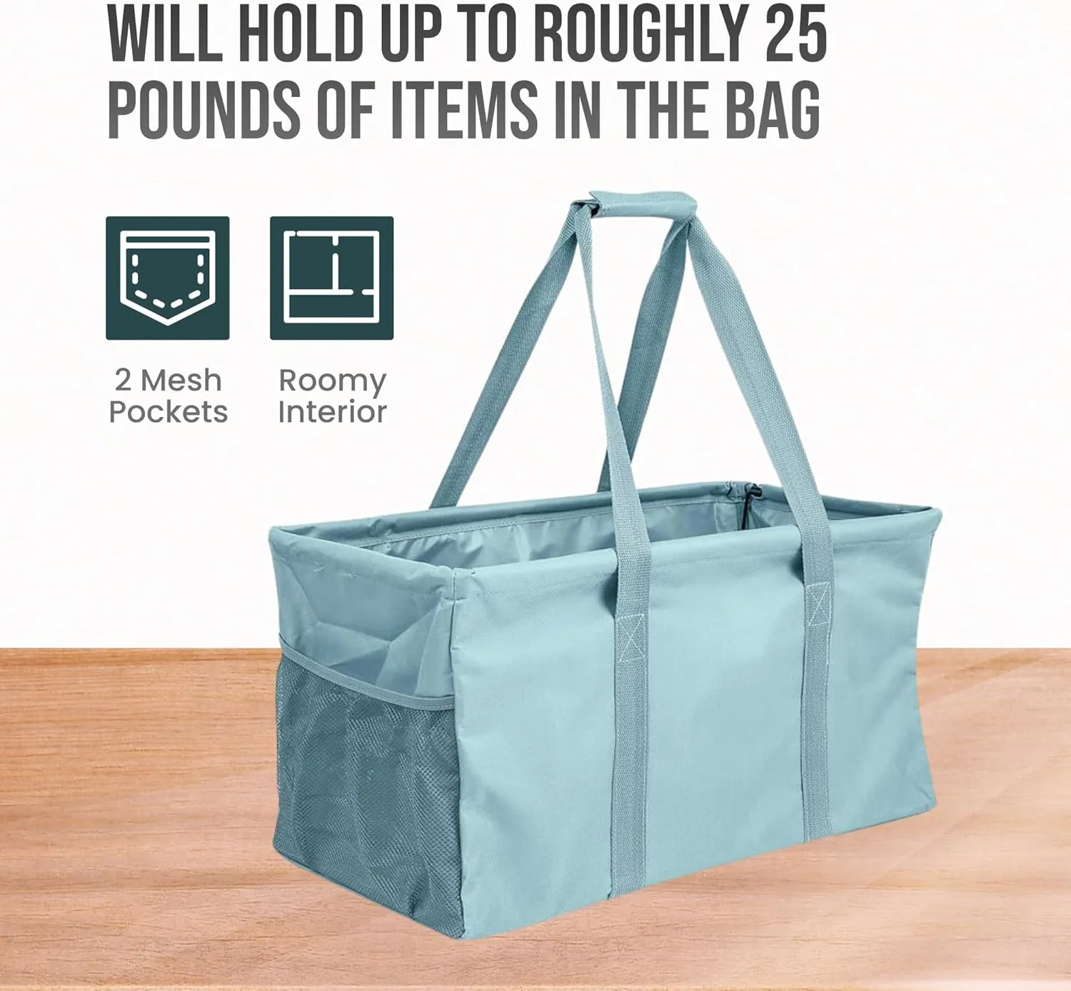Extra Large Utility Tote Bag - Oversized Collapsible Reusable Wire Frame Rectangular Canvas Basket With Two Exterior Pockets For Beach, Pool, Laundry, Car Trunk, Storage - Light Blue