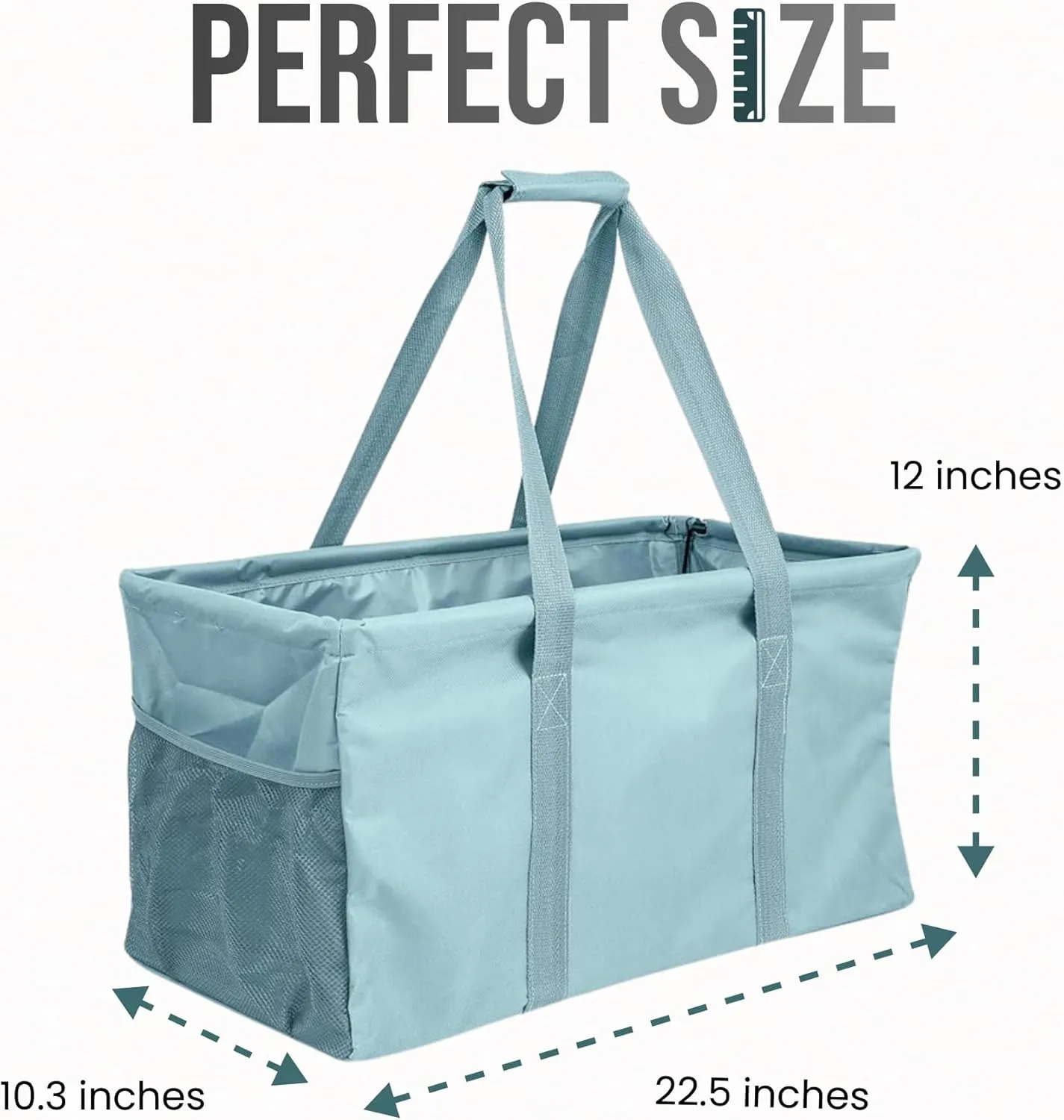 Extra Large Utility Tote Bag - Oversized Collapsible Reusable Wire Frame Rectangular Canvas Basket With Two Exterior Pockets For Beach, Pool, Laundry, Car Trunk, Storage - Light Blue
