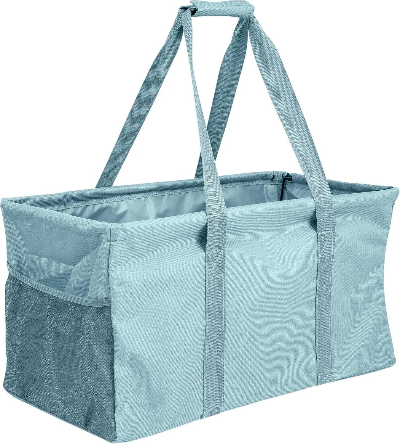 Extra Large Utility Tote Bag - Oversized Collapsible Reusable Wire Frame Rectangular Canvas Basket With Two Exterior Pockets For Beach, Pool, Laundry, Car Trunk, Storage - Light Blue