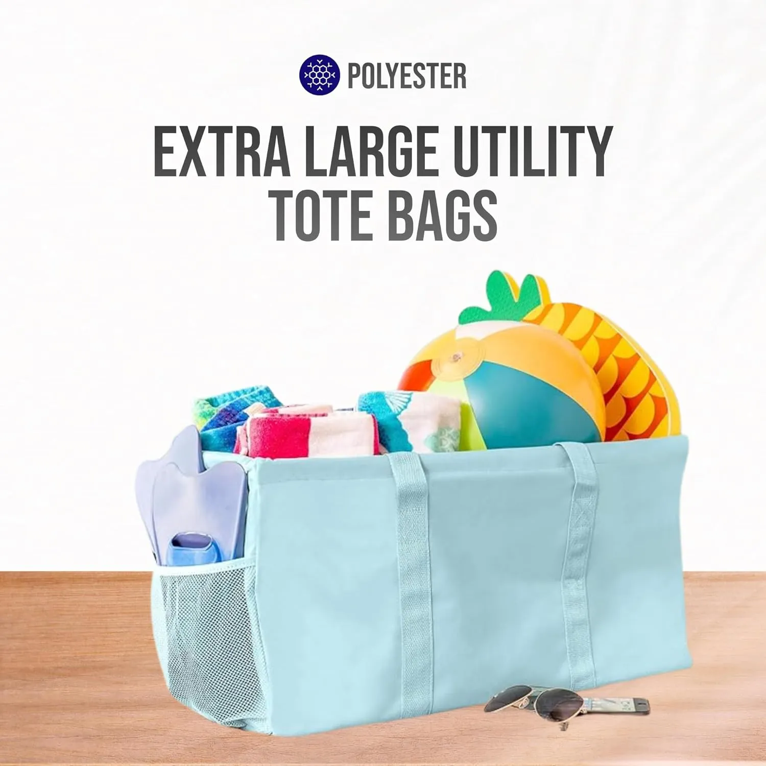 Extra Large Utility Tote Bag - Oversized Collapsible Reusable Wire Frame Rectangular Canvas Basket With Two Exterior Pockets For Beach, Pool, Laundry, Car Trunk, Storage - Light Blue