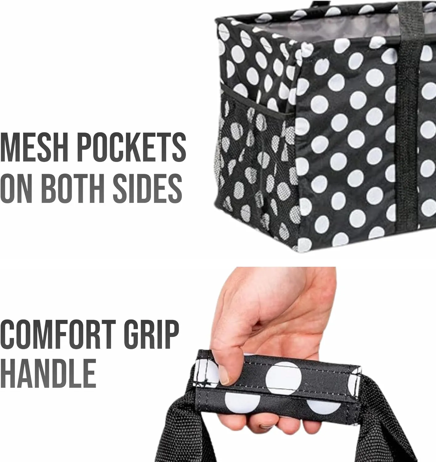 Extra Large Utility Tote Bag - Oversized Collapsible Reusable Wire Frame Rectangular Canvas Basket With Two Exterior Pockets For Beach, Pool, Laundry, Car Trunk, Storage - White Polka Dot