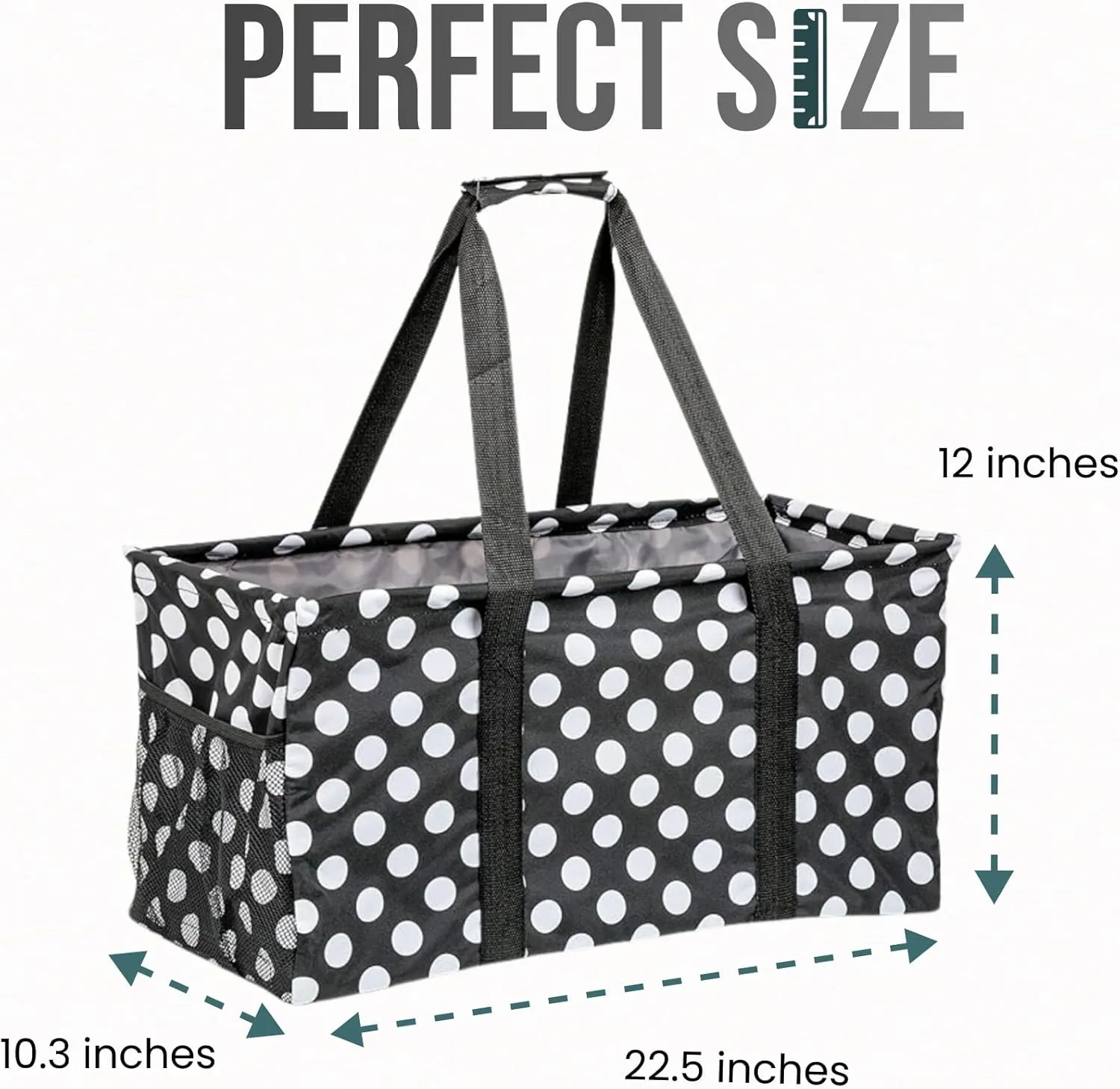 Extra Large Utility Tote Bag - Oversized Collapsible Reusable Wire Frame Rectangular Canvas Basket With Two Exterior Pockets For Beach, Pool, Laundry, Car Trunk, Storage - White Polka Dot