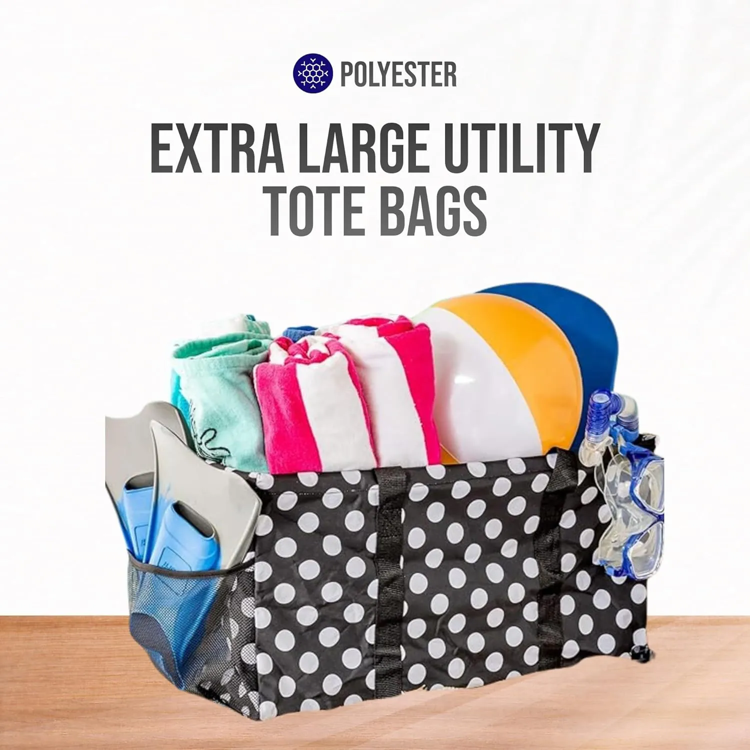 Extra Large Utility Tote Bag - Oversized Collapsible Reusable Wire Frame Rectangular Canvas Basket With Two Exterior Pockets For Beach, Pool, Laundry, Car Trunk, Storage - White Polka Dot
