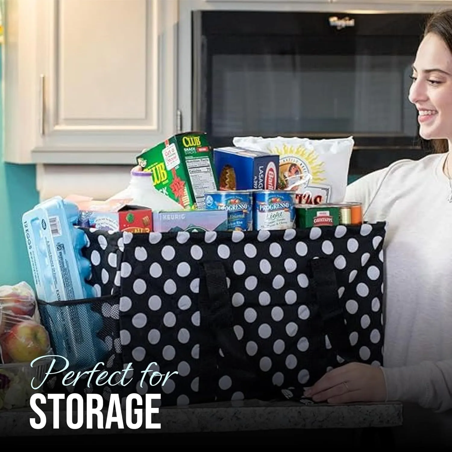 Extra Large Utility Tote Bag - Oversized Collapsible Reusable Wire Frame Rectangular Canvas Basket With Two Exterior Pockets For Beach, Pool, Laundry, Car Trunk, Storage - White Polka Dot