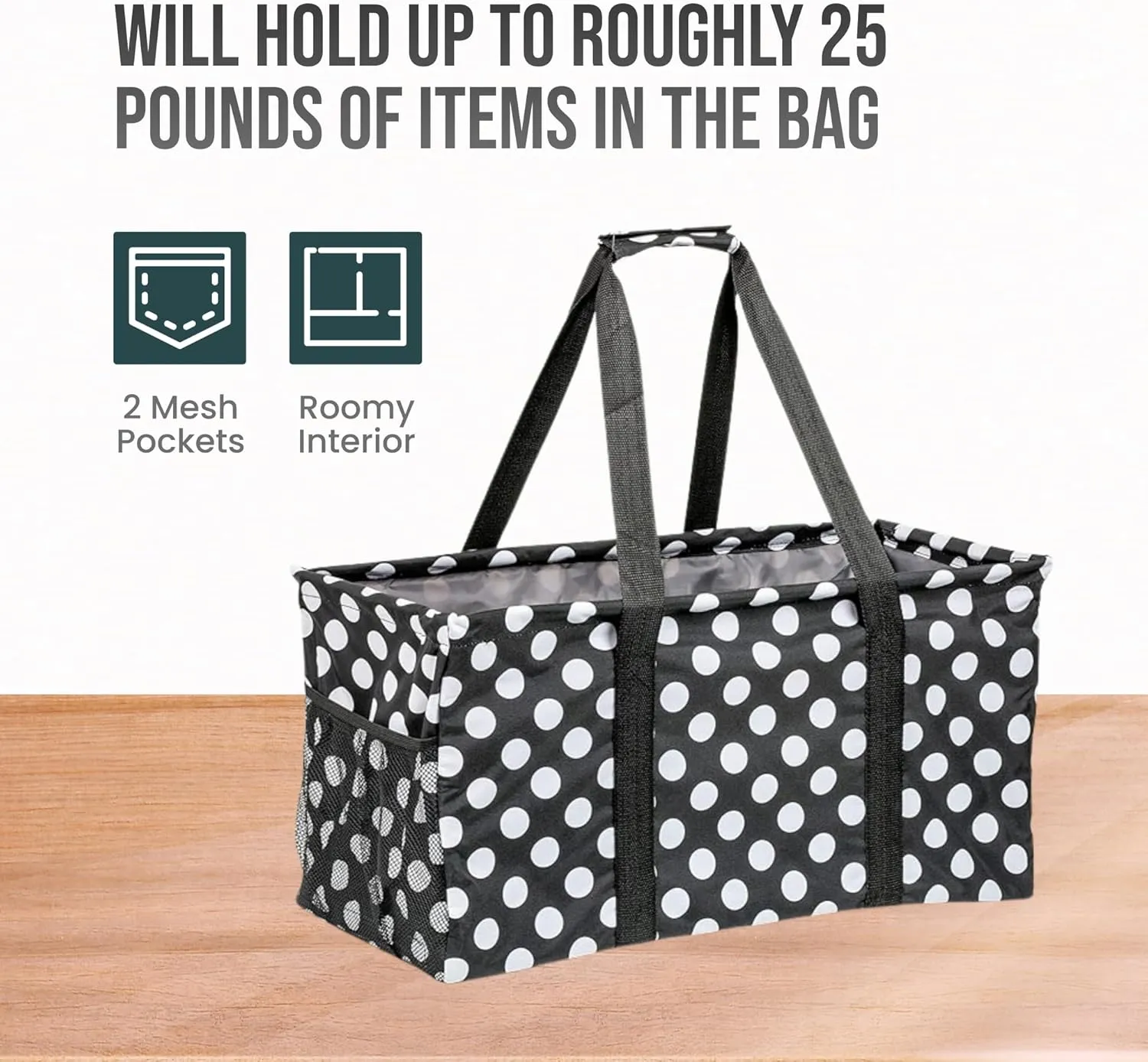 Extra Large Utility Tote Bag - Oversized Collapsible Reusable Wire Frame Rectangular Canvas Basket With Two Exterior Pockets For Beach, Pool, Laundry, Car Trunk, Storage - White Polka Dot