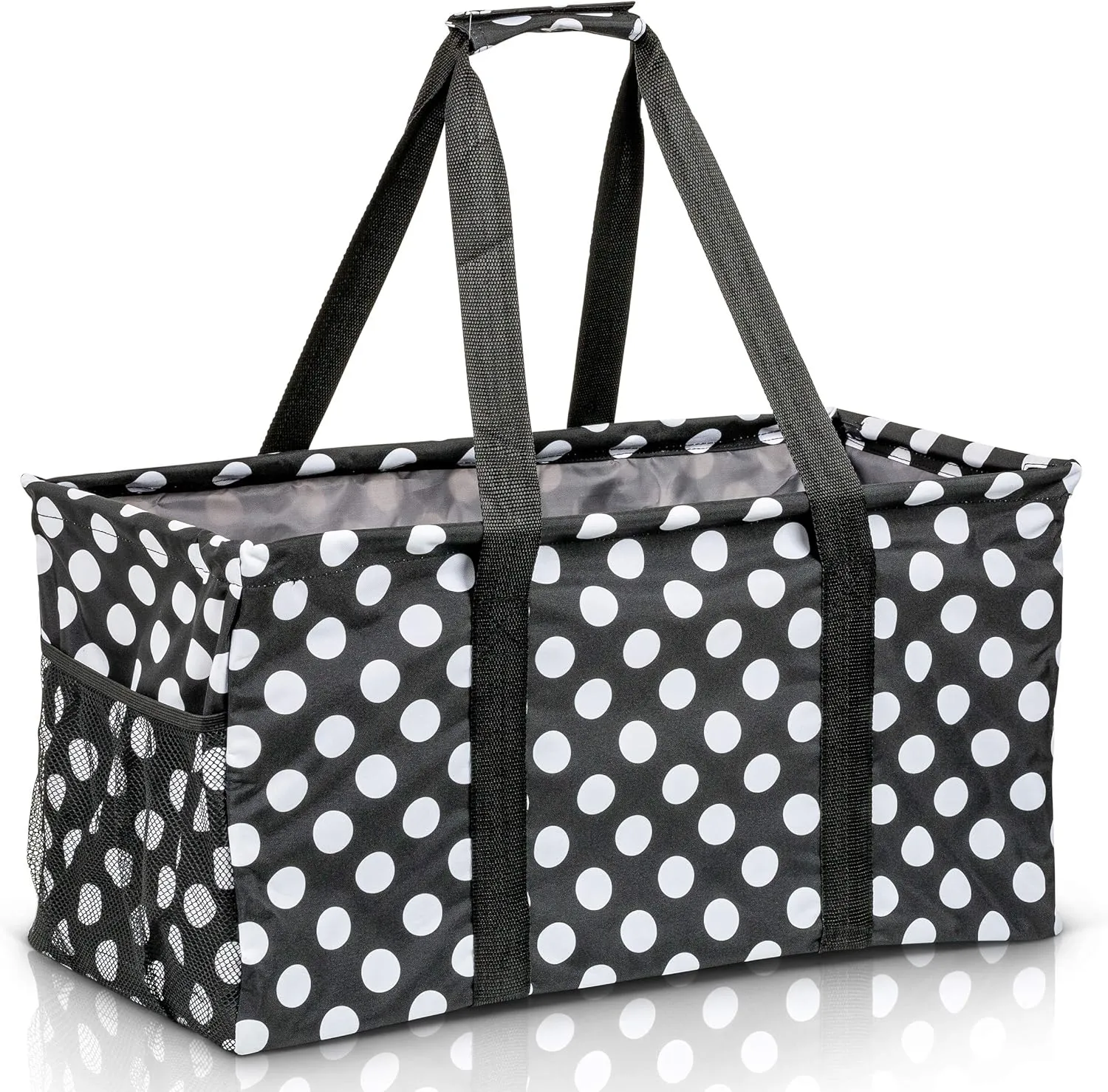 Extra Large Utility Tote Bag - Oversized Collapsible Reusable Wire Frame Rectangular Canvas Basket With Two Exterior Pockets For Beach, Pool, Laundry, Car Trunk, Storage - White Polka Dot
