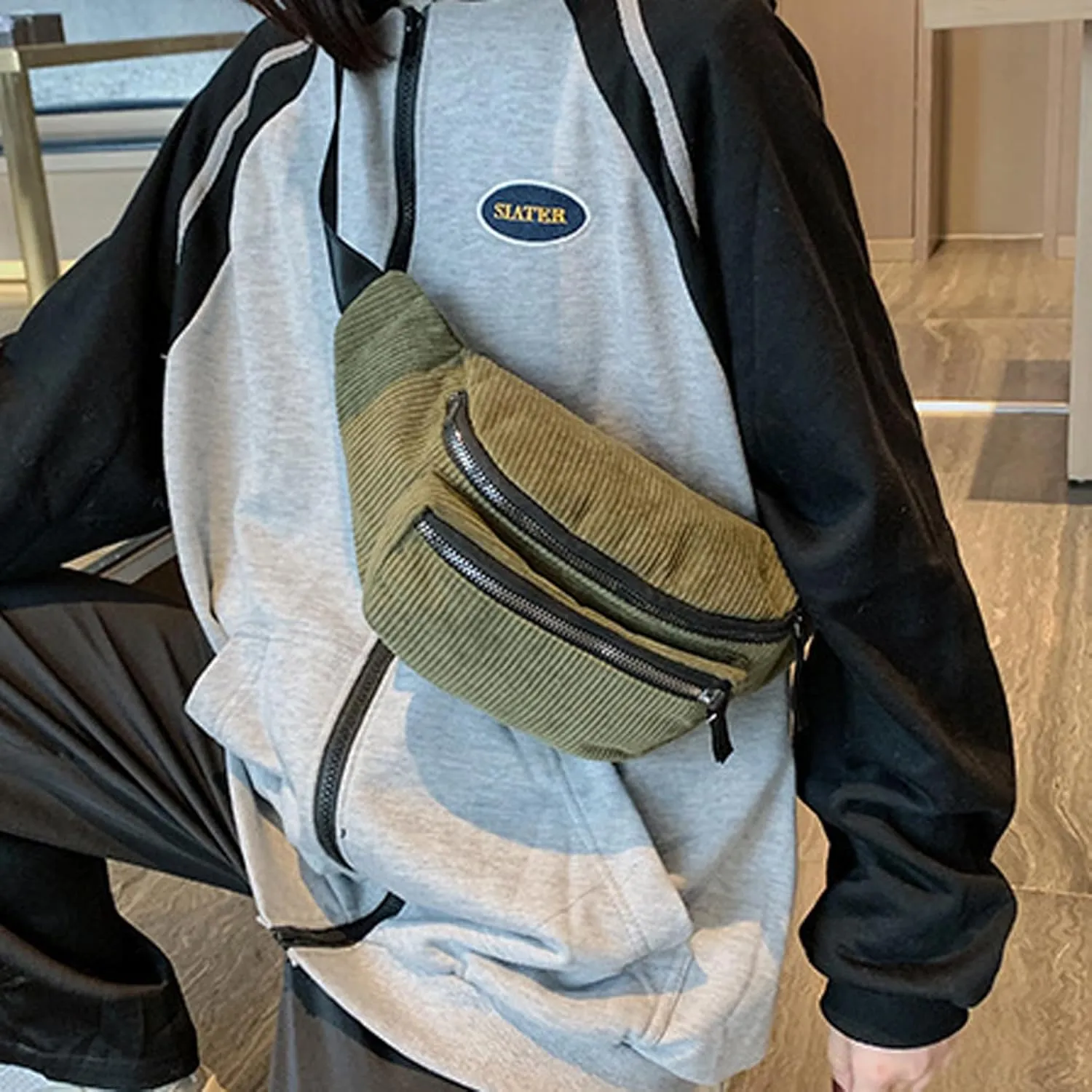 eYLun Women Fanny Pack Crossbody Bag Casual Corduroy Waist Bag Adjustable Chest Bag Waist Pack for Travel Walking Running Hiking Cycling Green