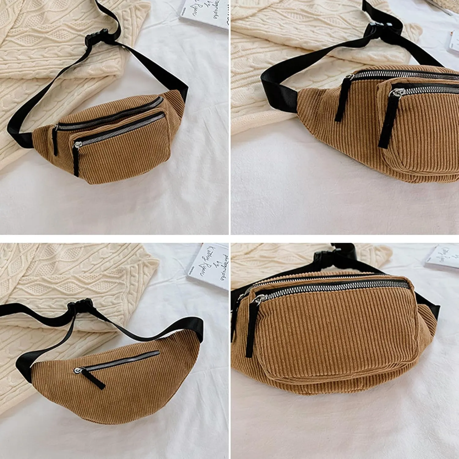 eYLun Women Fanny Pack Crossbody Bag Casual Corduroy Waist Bag Adjustable Chest Bag Waist Pack for Travel Walking Running Hiking Cycling Green