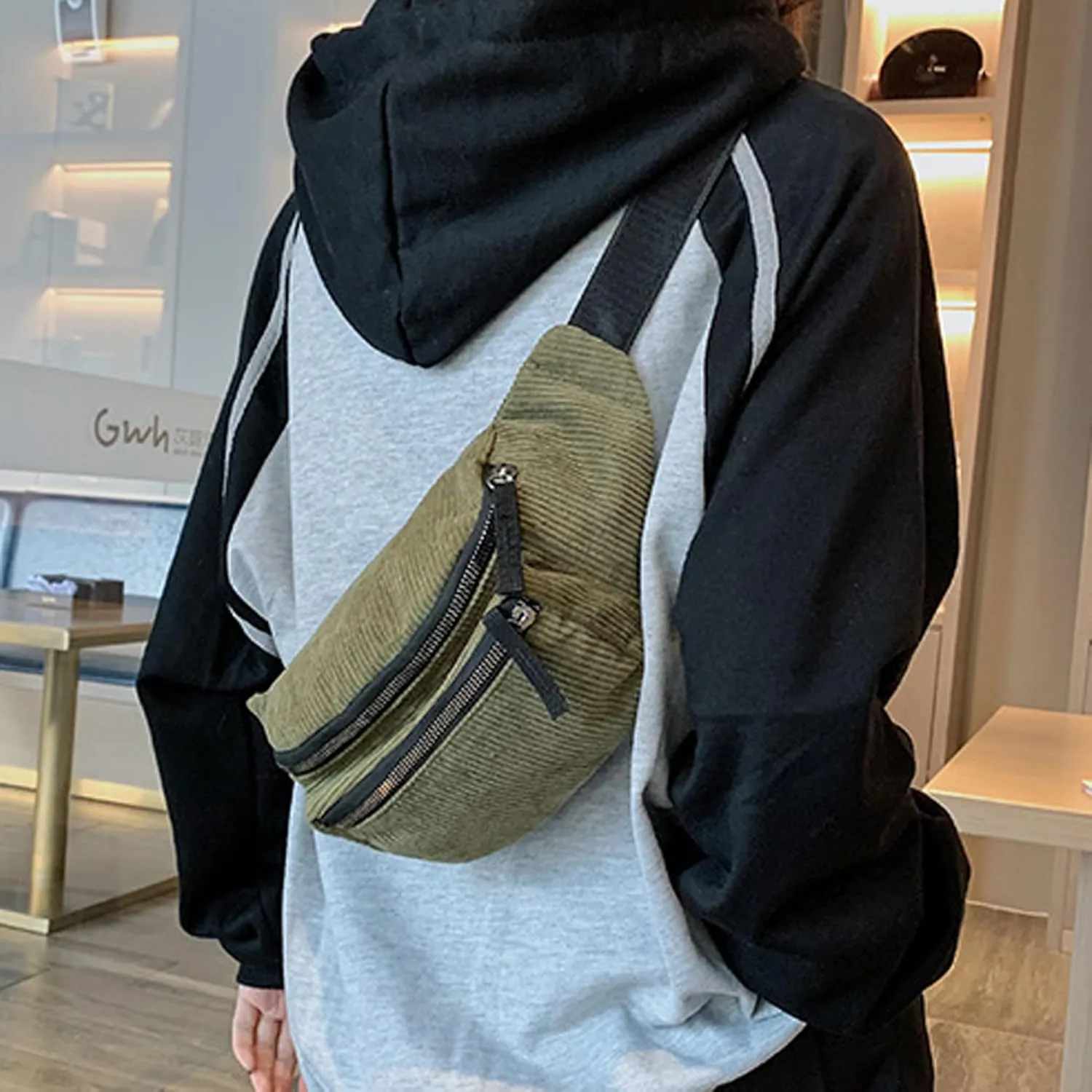 eYLun Women Fanny Pack Crossbody Bag Casual Corduroy Waist Bag Adjustable Chest Bag Waist Pack for Travel Walking Running Hiking Cycling Green