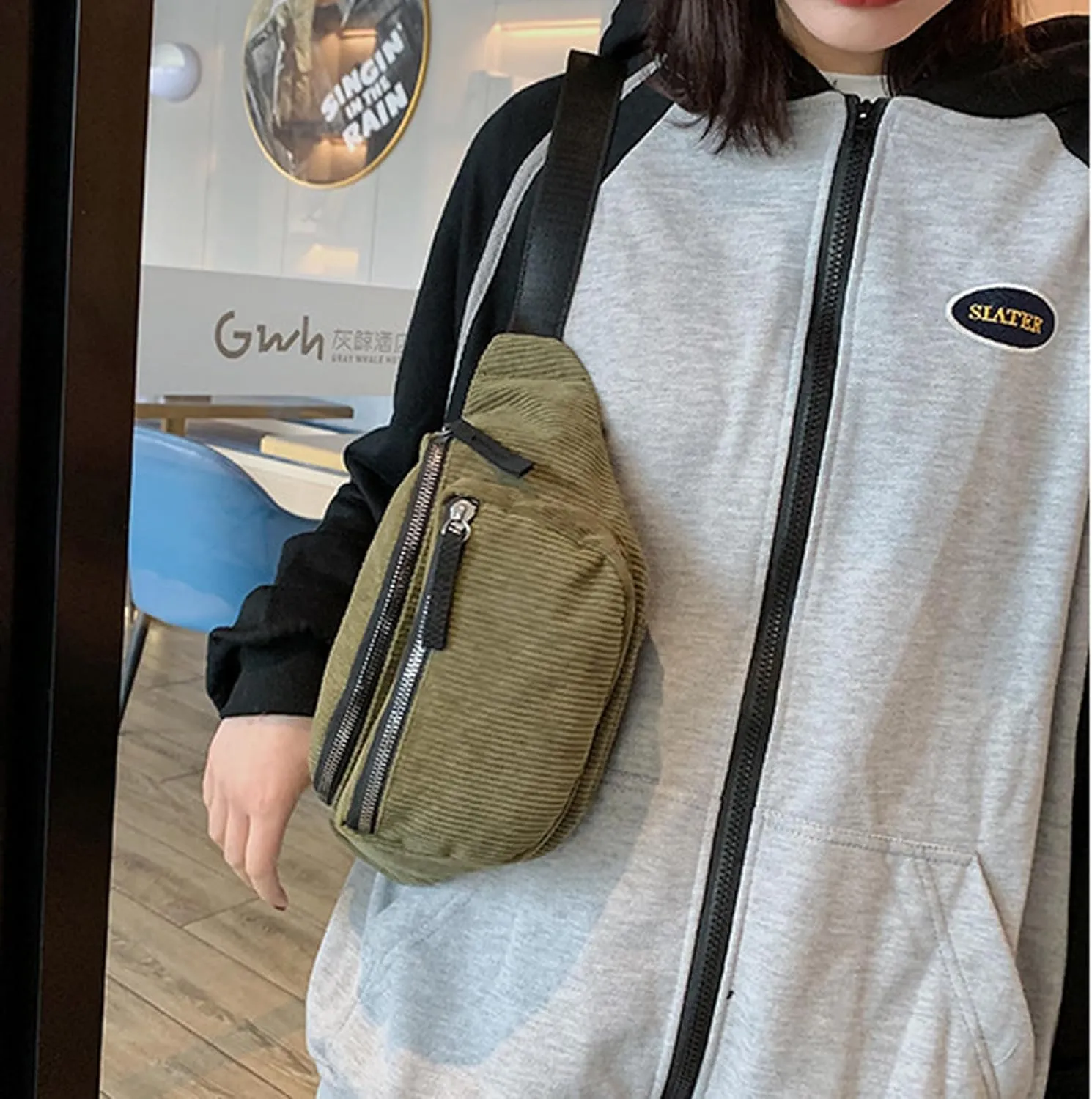 eYLun Women Fanny Pack Crossbody Bag Casual Corduroy Waist Bag Adjustable Chest Bag Waist Pack for Travel Walking Running Hiking Cycling Green