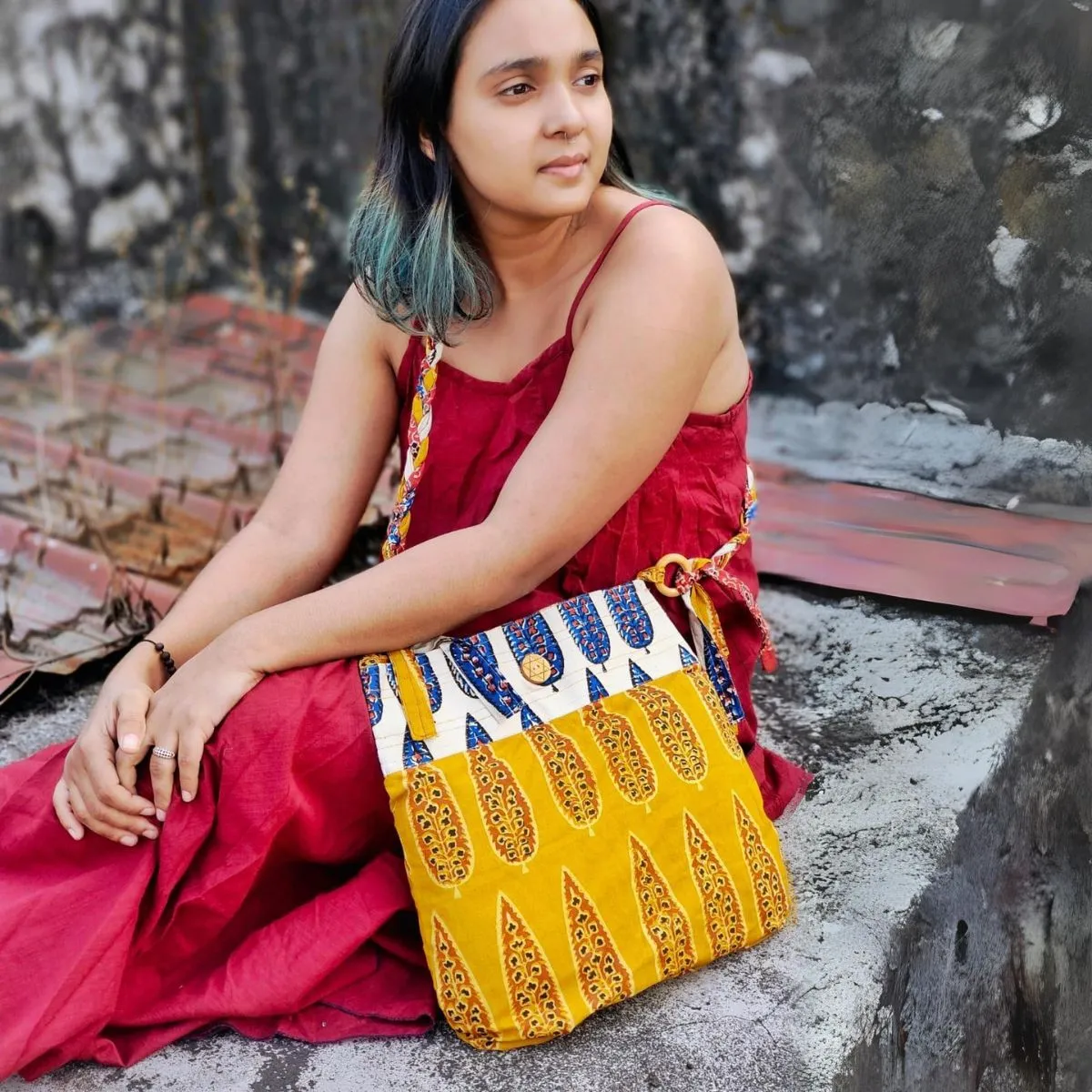Fabric Sling Bag For Women | Ethnic Hand Block Print | Mustard And Off-White