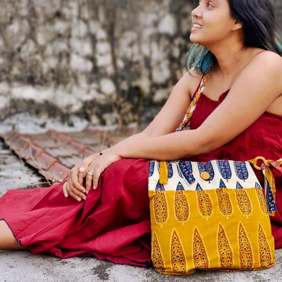 Fabric Sling Bag For Women | Ethnic Hand Block Print | Mustard And Off-White