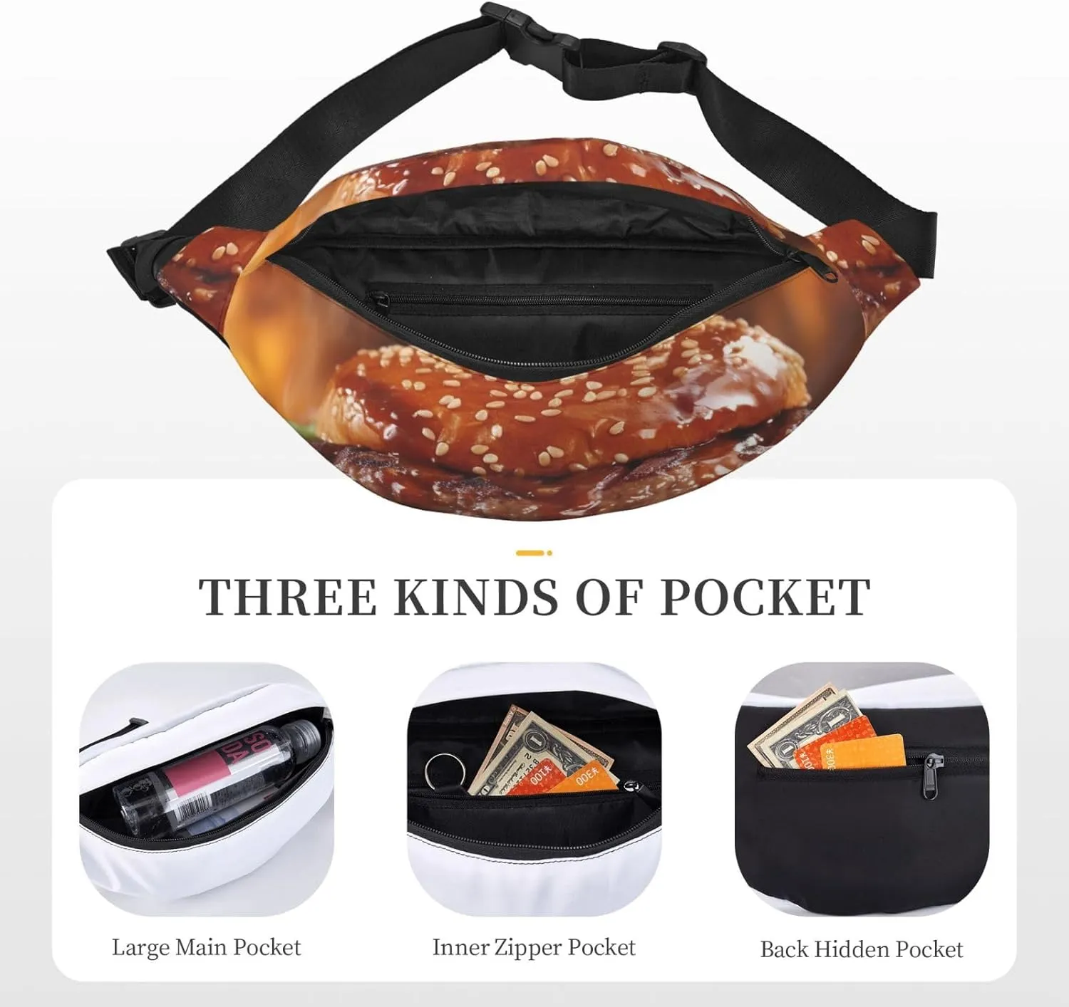 Fanny Pack for Men Women Waist Bag Adjustable Waist Pack Crossbody Belt Bag Hamburger Steak Fast Food Bum Bag
