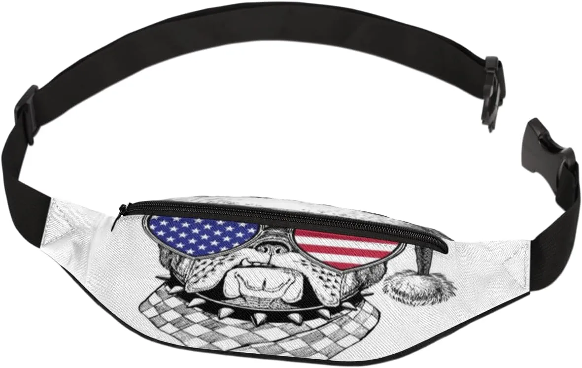 Fanny Pack for Women Men Waist Pack American Flag Glasses Dog Crossbody Bag with Adjustable Straps for Hiking Running Walking Travel Cycling