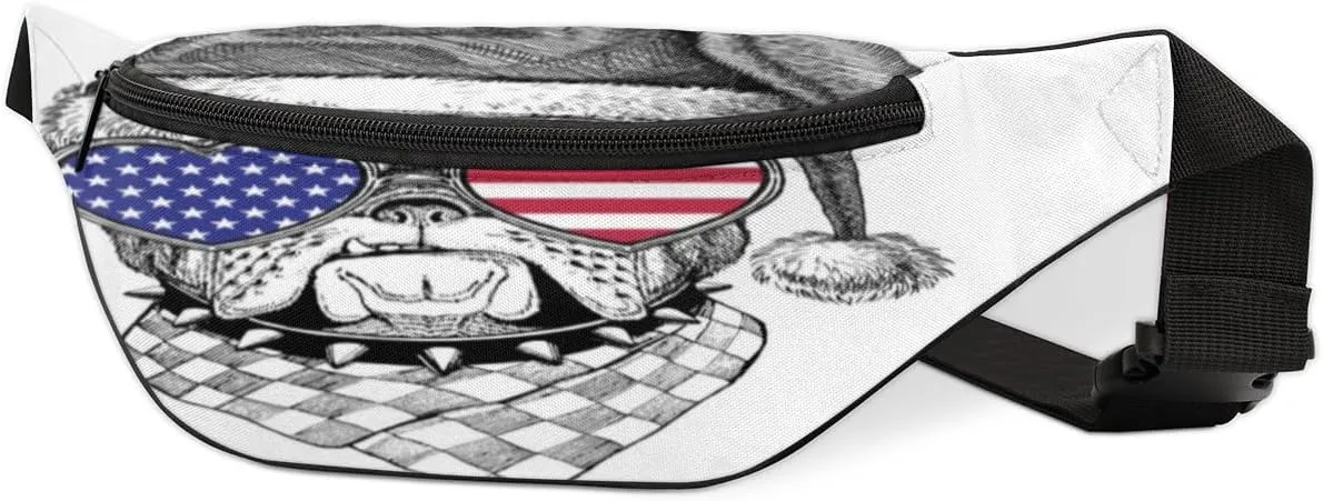 Fanny Pack for Women Men Waist Pack American Flag Glasses Dog Crossbody Bag with Adjustable Straps for Hiking Running Walking Travel Cycling