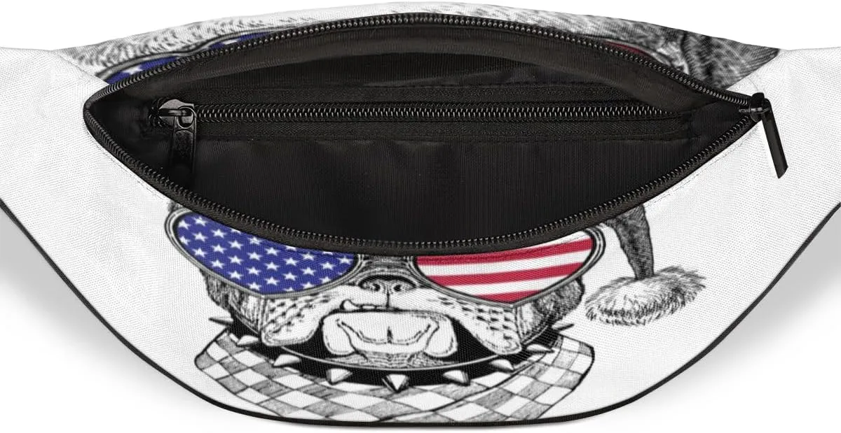 Fanny Pack for Women Men Waist Pack American Flag Glasses Dog Crossbody Bag with Adjustable Straps for Hiking Running Walking Travel Cycling