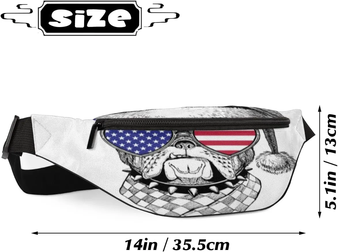 Fanny Pack for Women Men Waist Pack American Flag Glasses Dog Crossbody Bag with Adjustable Straps for Hiking Running Walking Travel Cycling