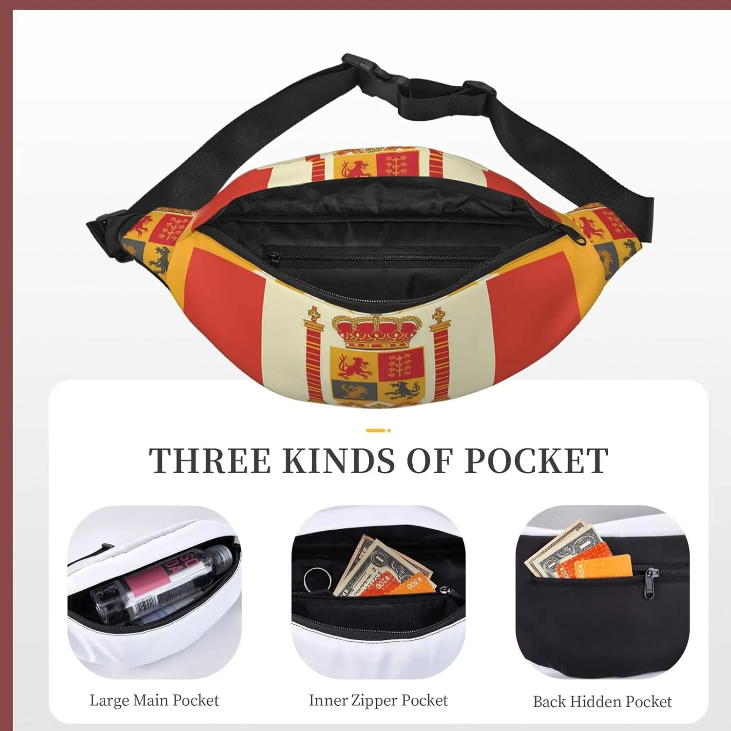 Fanny Pack Spanish Flag Pattern Waist Pack For Women Men Waterproof Belt Bag With Adjustable Belt Casual Crossbody Bag Travel Waist Bag For Sports Running Cycling