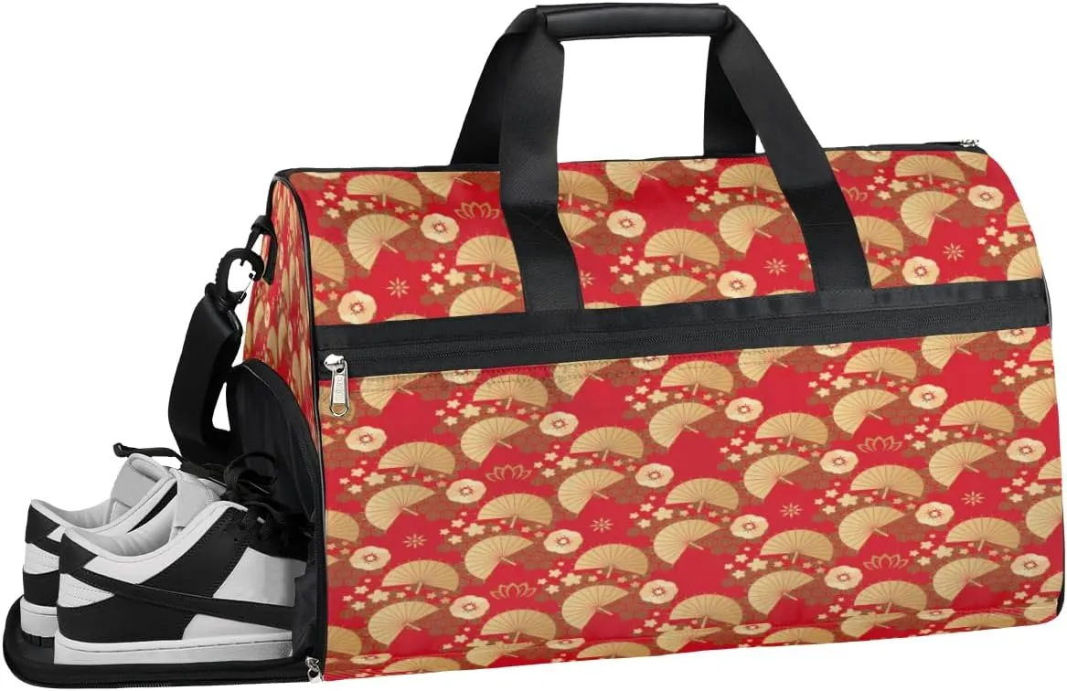 Fans Red Gold Sports Gym Bag for Women and Men Travel Duffel Bag Asia Style Overnight Shoulder Bag Waterproof Workout Bag Portable Sports Tote with Shoes Compartment