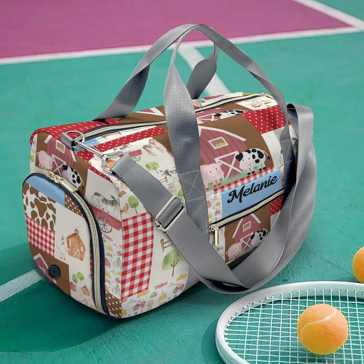 Farm Animals Cow Pig Duck Personalized Duffel Bag with Name Custom Weekend Bag with Shoe Compartmen for Boys Girls Sports Gym Swim Bag Travel Bag