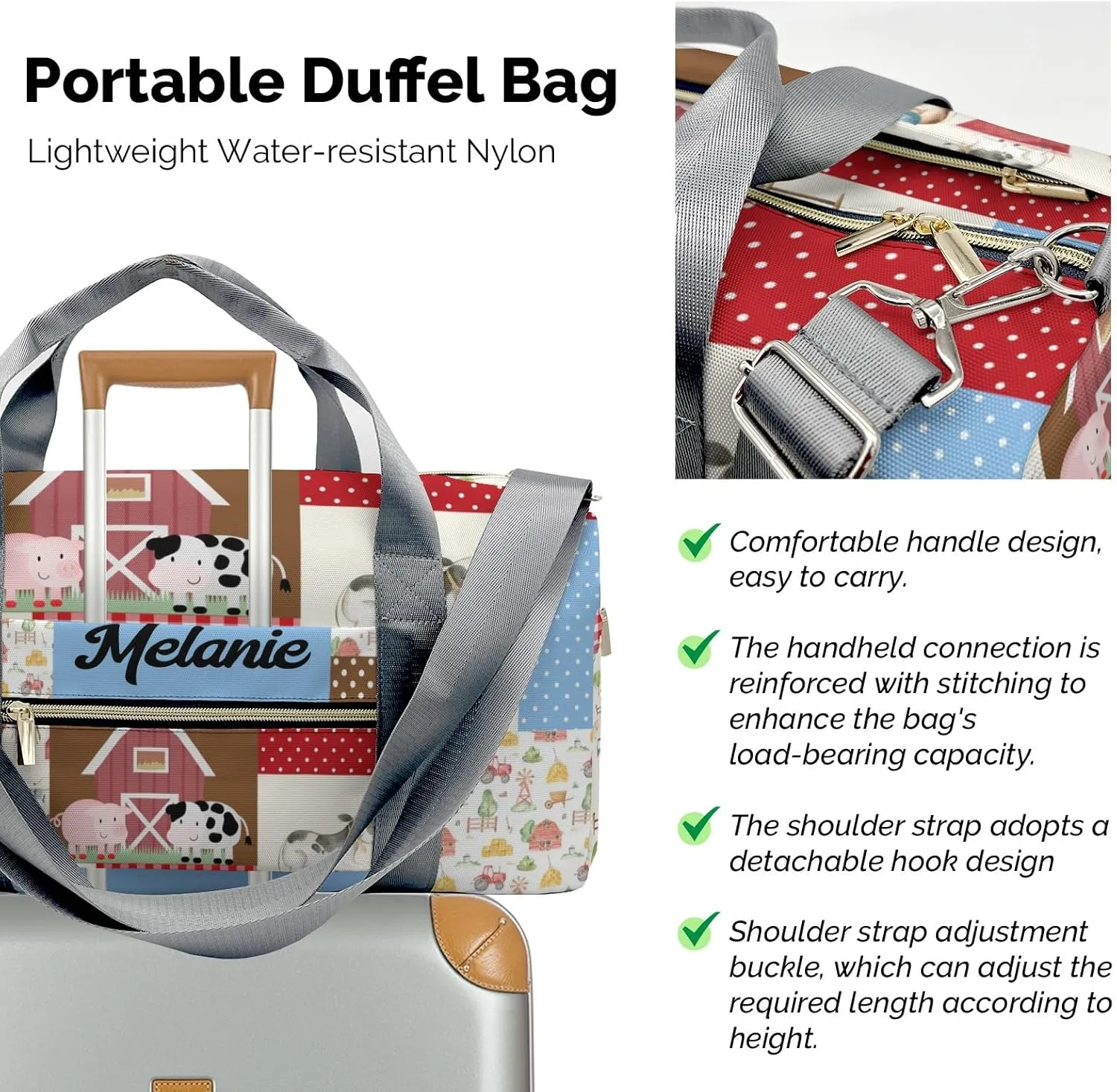 Farm Animals Cow Pig Duck Personalized Duffel Bag with Name Custom Weekend Bag with Shoe Compartmen for Boys Girls Sports Gym Swim Bag Travel Bag