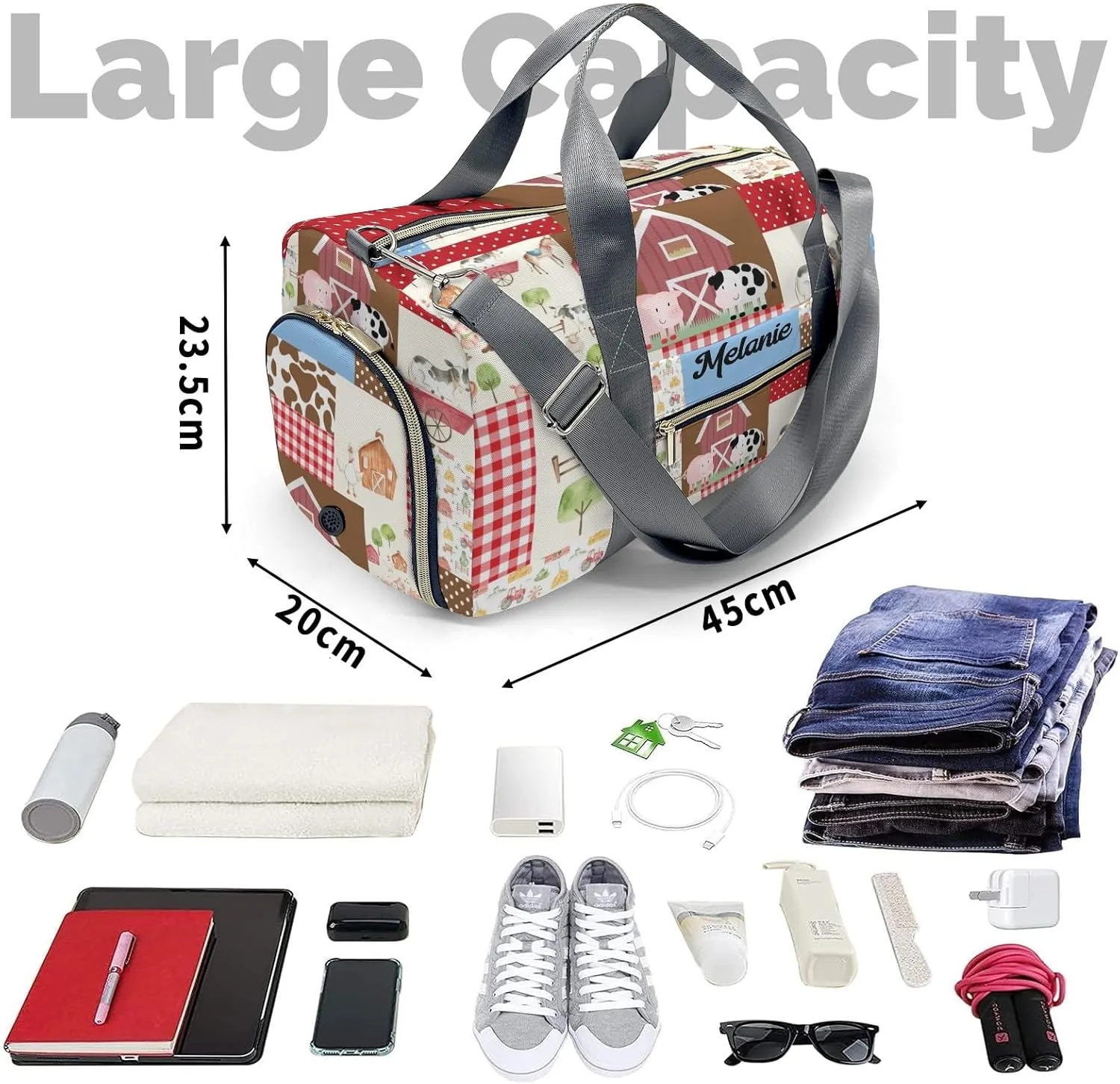 Farm Animals Cow Pig Duck Personalized Duffel Bag with Name Custom Weekend Bag with Shoe Compartmen for Boys Girls Sports Gym Swim Bag Travel Bag