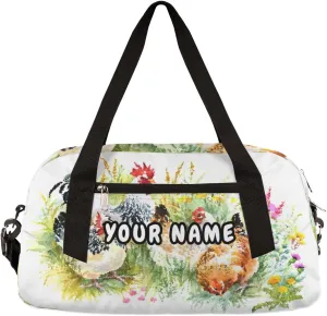 Farmhouse Chicken Hen Personalized Kids Duffel Bag for Girls Boys, Rootser Debris Custom Dance Bag Overnight Small Duffel Bag Carry On Weekend Sports Travel Bag for School Practice Gymnastics Ballet
