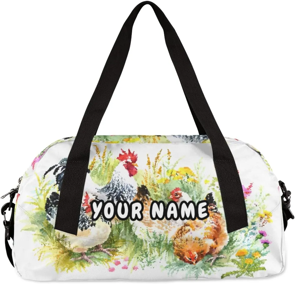 Farmhouse Chicken Hen Personalized Kids Duffel Bag for Girls Boys, Rootser Debris Custom Dance Bag Overnight Small Duffel Bag Carry On Weekend Sports Travel Bag for School Practice Gymnastics Ballet