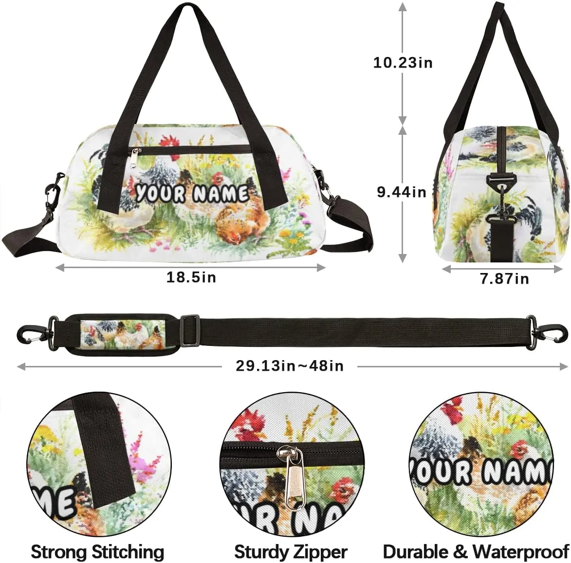Farmhouse Chicken Hen Personalized Kids Duffel Bag for Girls Boys, Rootser Debris Custom Dance Bag Overnight Small Duffel Bag Carry On Weekend Sports Travel Bag for School Practice Gymnastics Ballet