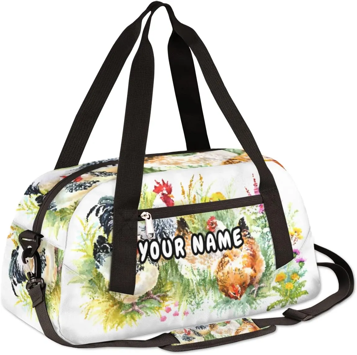 Farmhouse Chicken Hen Personalized Kids Duffel Bag for Girls Boys, Rootser Debris Custom Dance Bag Overnight Small Duffel Bag Carry On Weekend Sports Travel Bag for School Practice Gymnastics Ballet