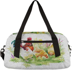 Farmhouse Chicken Hen Rooster Kids Duffel Bag for Girls Boys, Chicken Oil Painting Dance Bag Overnight Small Duffel Bag Carry On Weekend Sports Gym Travel Bag for School Practice Gymnastics Ballet