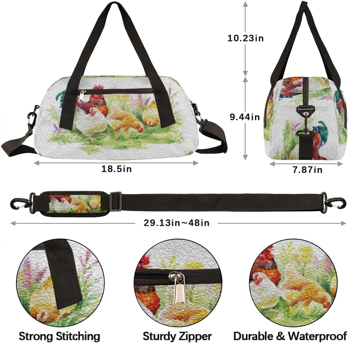 Farmhouse Chicken Hen Rooster Kids Duffel Bag for Girls Boys, Chicken Oil Painting Dance Bag Overnight Small Duffel Bag Carry On Weekend Sports Gym Travel Bag for School Practice Gymnastics Ballet