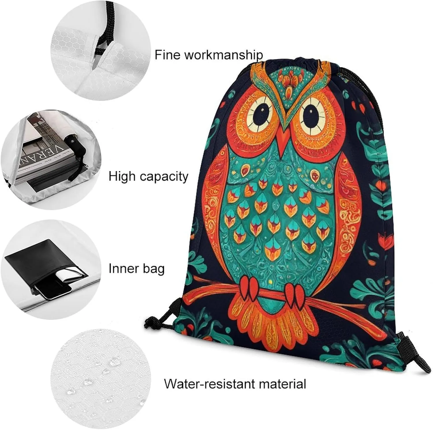 Fashion Shoulder Bag Handbag, Lightweight Ethnic Owl Durable Drawstring Bag Large Capacity Backpack Sackpack Bags for Men and Women