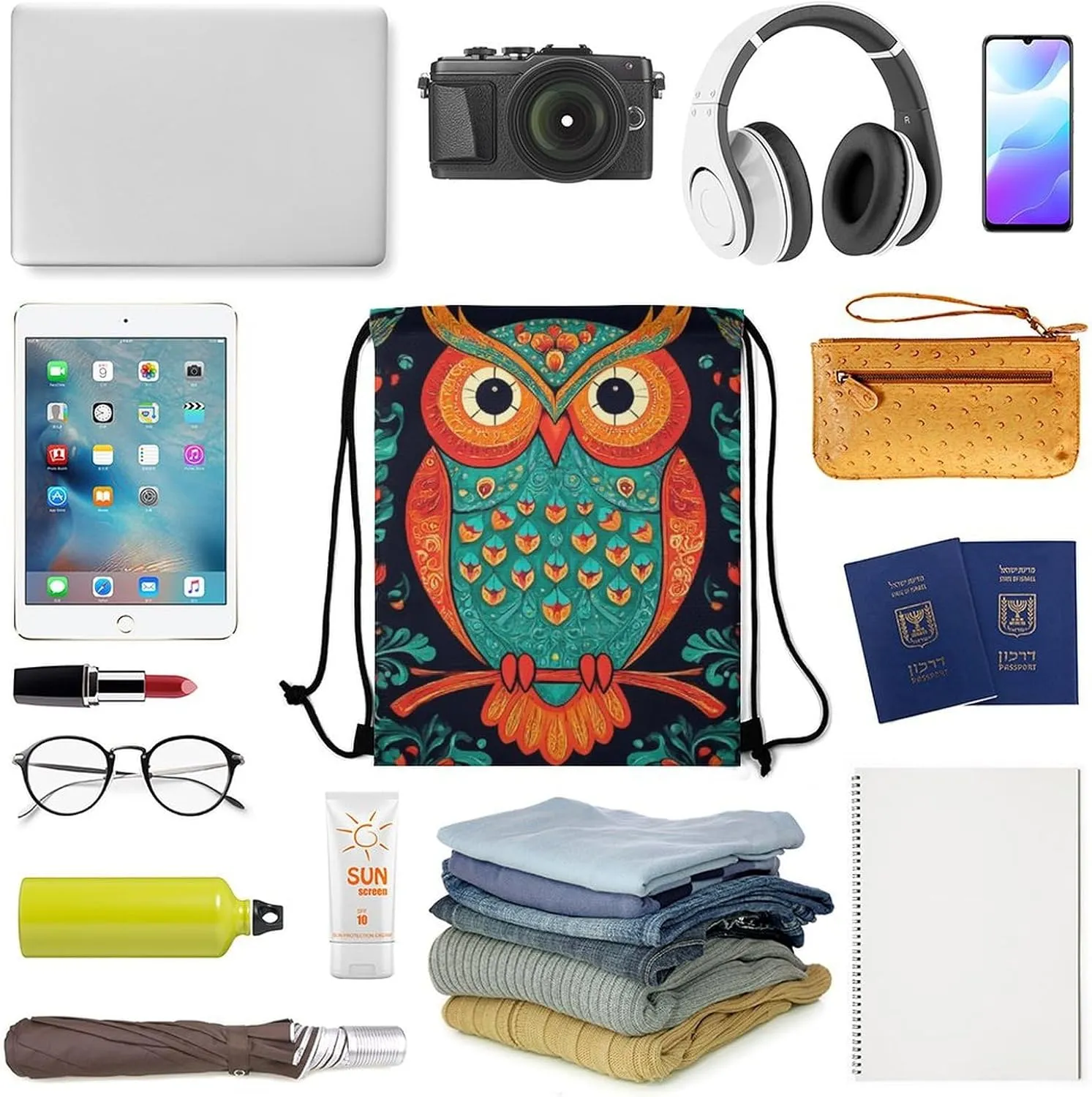 Fashion Shoulder Bag Handbag, Lightweight Ethnic Owl Durable Drawstring Bag Large Capacity Backpack Sackpack Bags for Men and Women