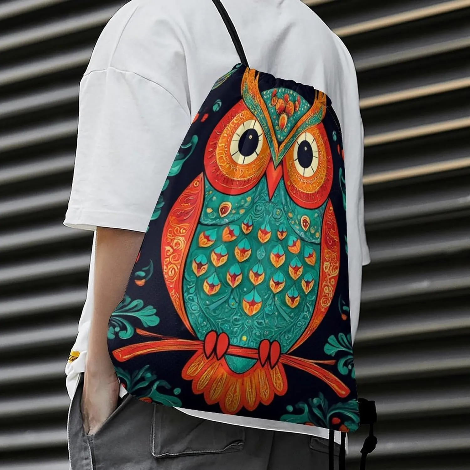Fashion Shoulder Bag Handbag, Lightweight Ethnic Owl Durable Drawstring Bag Large Capacity Backpack Sackpack Bags for Men and Women