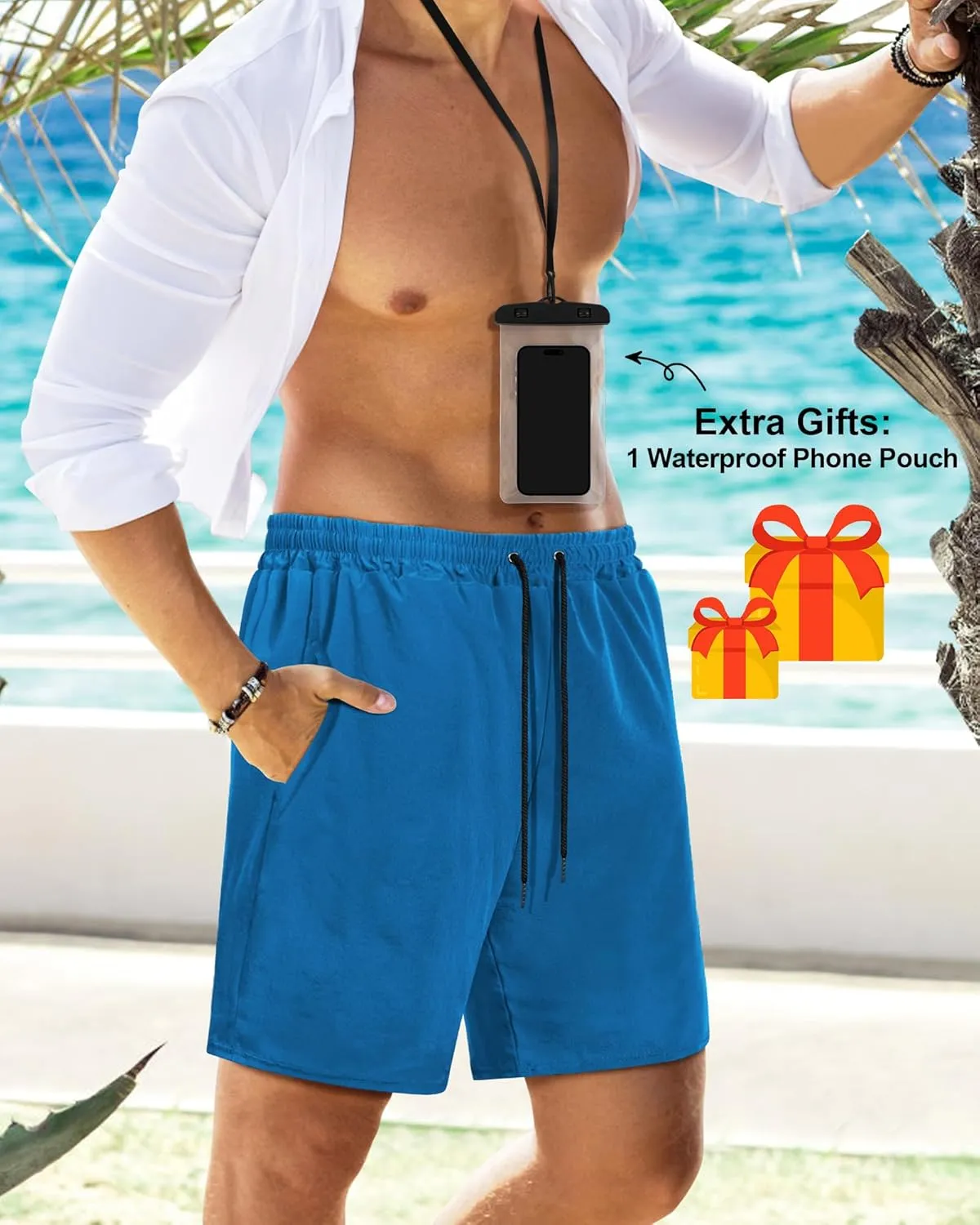Fasker Mens Swim Trunks with Compression Liner 7" Inseam Quick Dry Bathing Suit Beach Shorts Swimming Trunks with Pockets