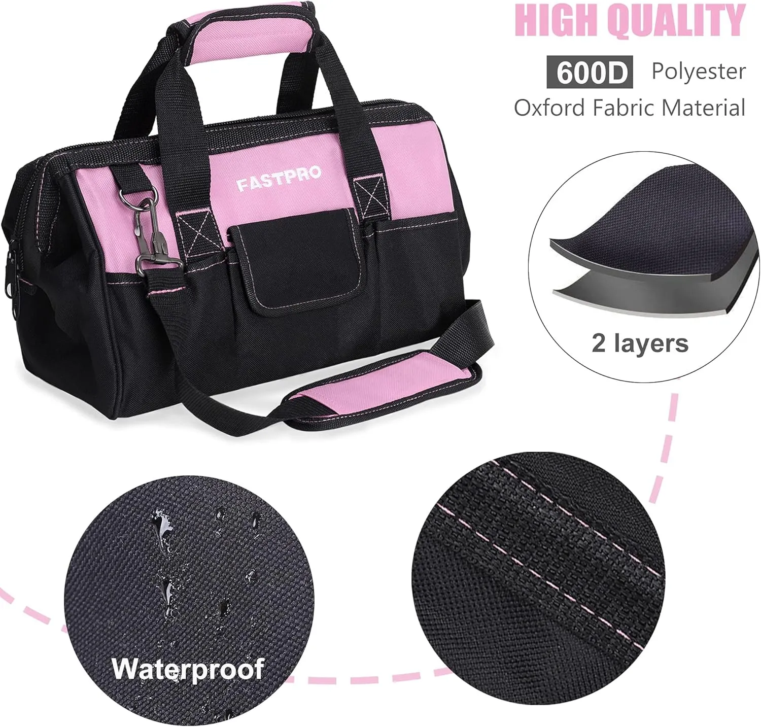 FASTPRO 14-Inch Pink Tool Bag for Women, Zip-top Wide Mouth Open Tool Organizer, with Adjustable Shoulder Strap